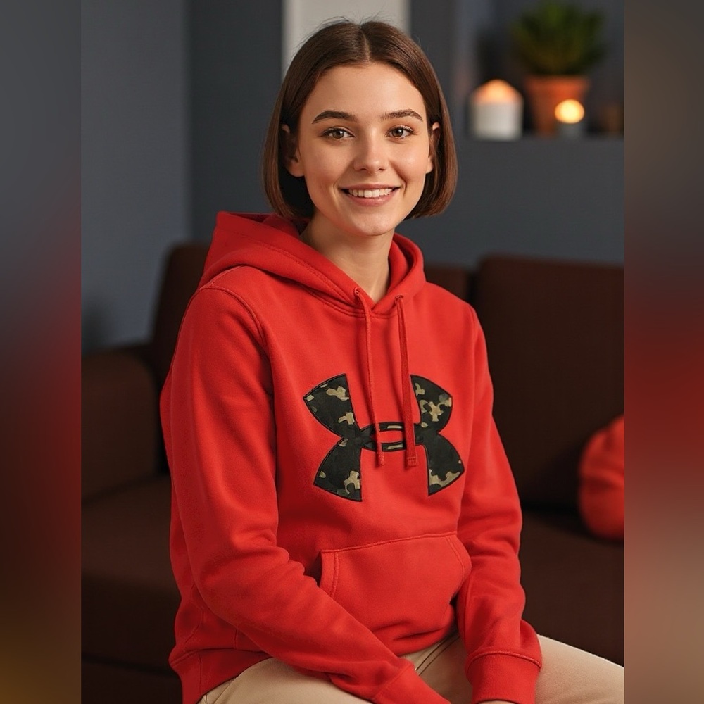 Women’s Under Armour Hoodie Size L - Loose Fit Red Camo Logo Pullover Sweatshirt